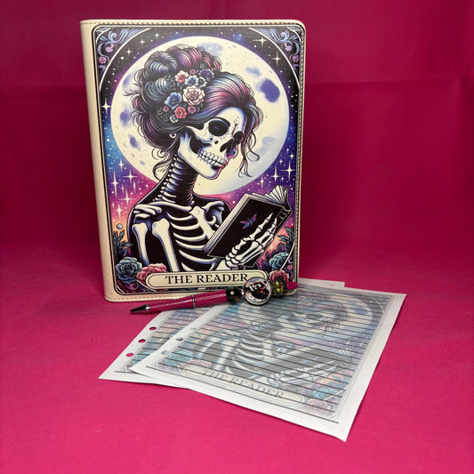 Cream A5 faux leather binder with 'THE READER' tarot card: skeleton woman with violet curls and floral crown reading a book under a full moon